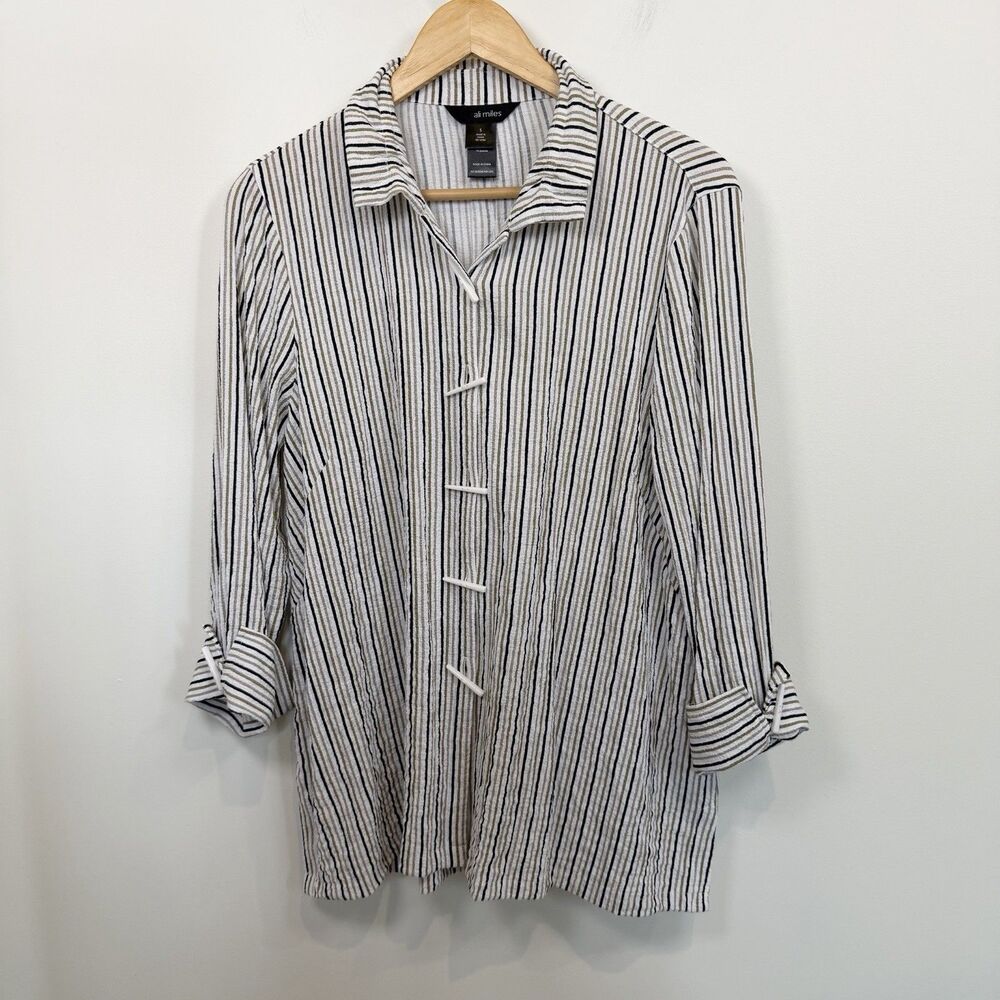 Ali Miles Top Women Small White Striped Button Up Tunic Toggle Artsy Seersucker